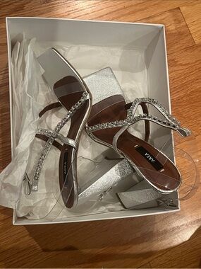AREA Silver Rhinestone Block Heel Sandals with Clear Straps